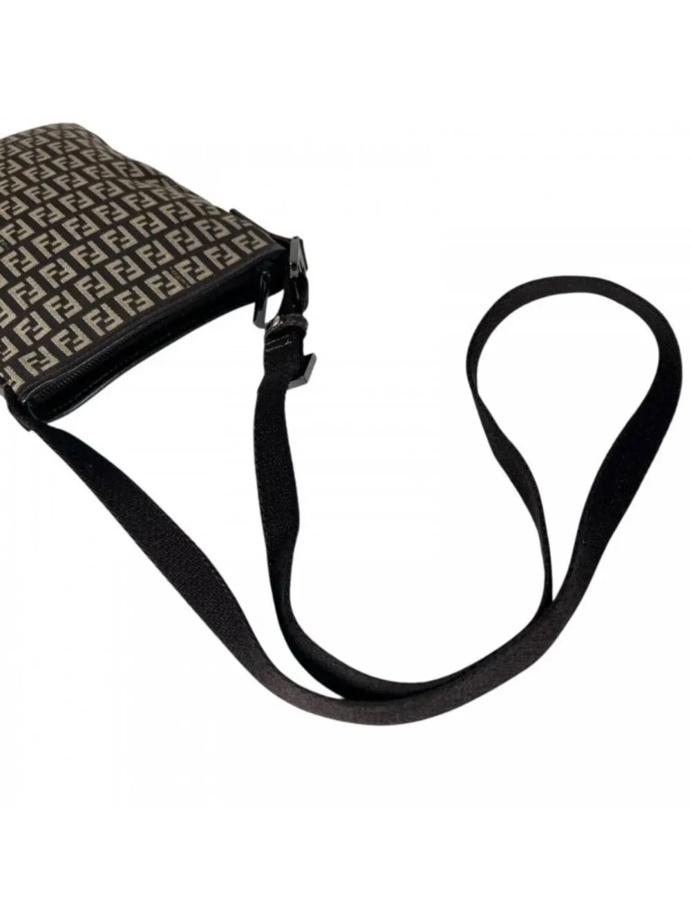 Fendi Shoulder Bag Canvas Leather Brown Silver
